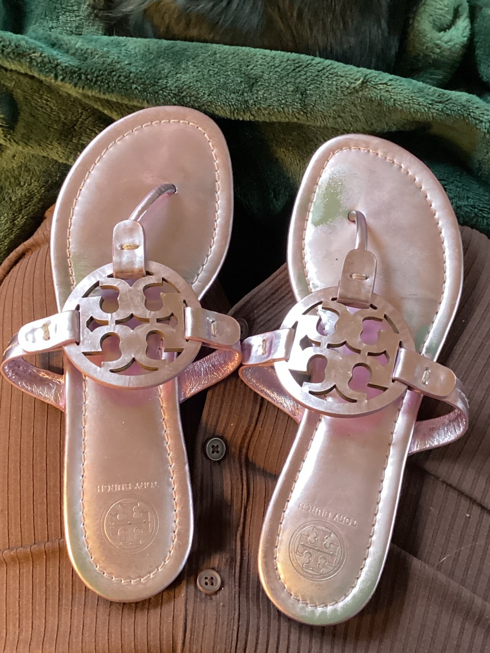 Tory Burch Rose Gold Leather Logo Thong Sandals